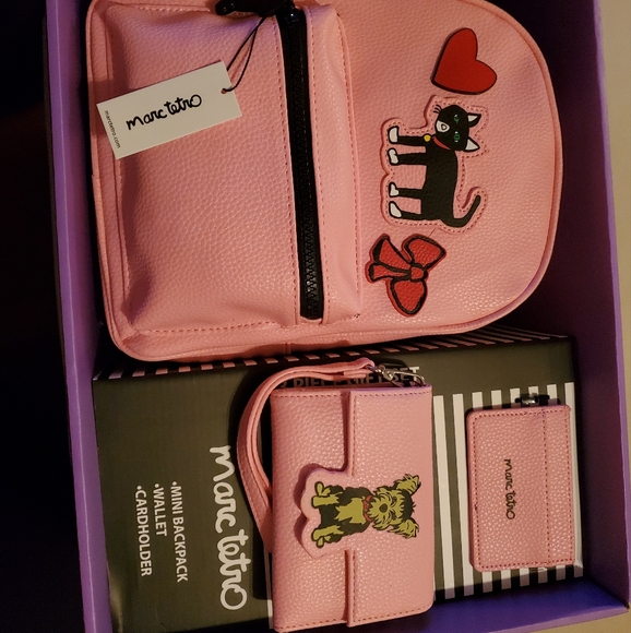 Marc Tetro Pink Black Cat Backpack/Yorkie Dog Wallet Set with Card Holder NWT - Picture 3 of 6
